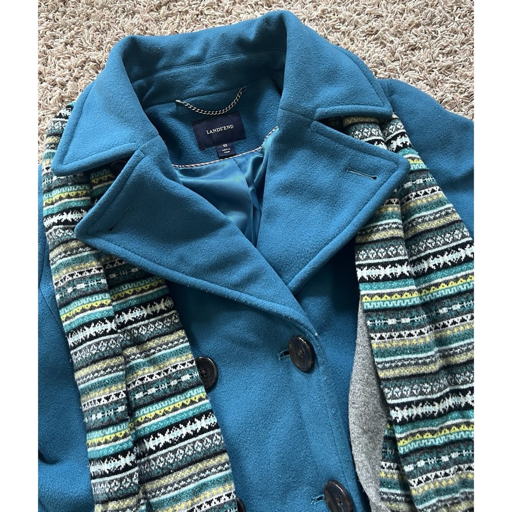 Lands'‎ End Women's Blue Wool-Cashmere Blend Winter Pea Coat & Scarf Size 10